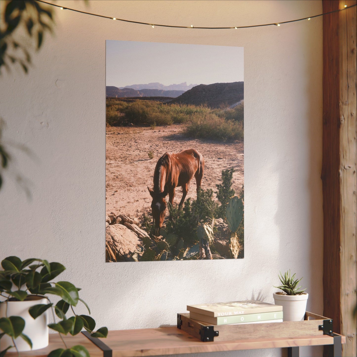 Wild horse of Big Bend grazes by a cactus, TX - Archival Poster