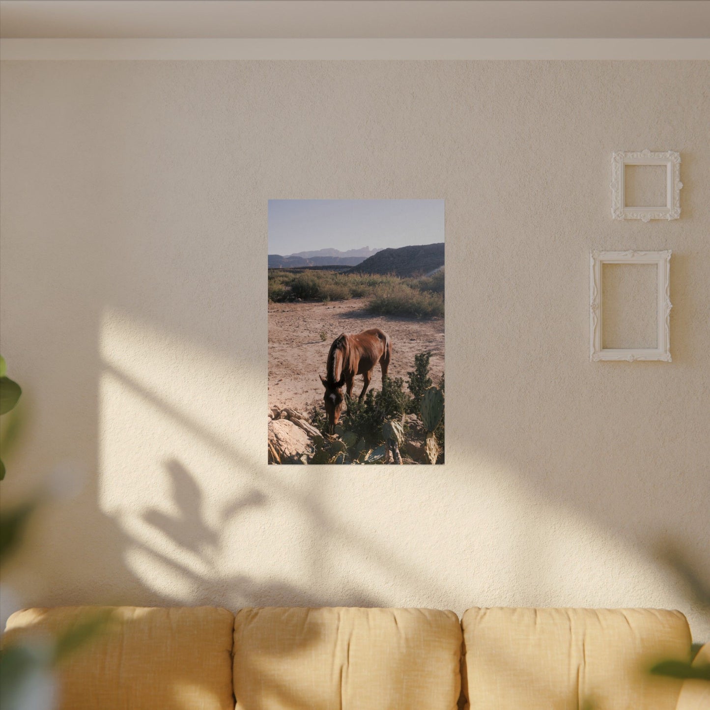 Wild horse of Big Bend grazes by a cactus, TX - Archival Poster