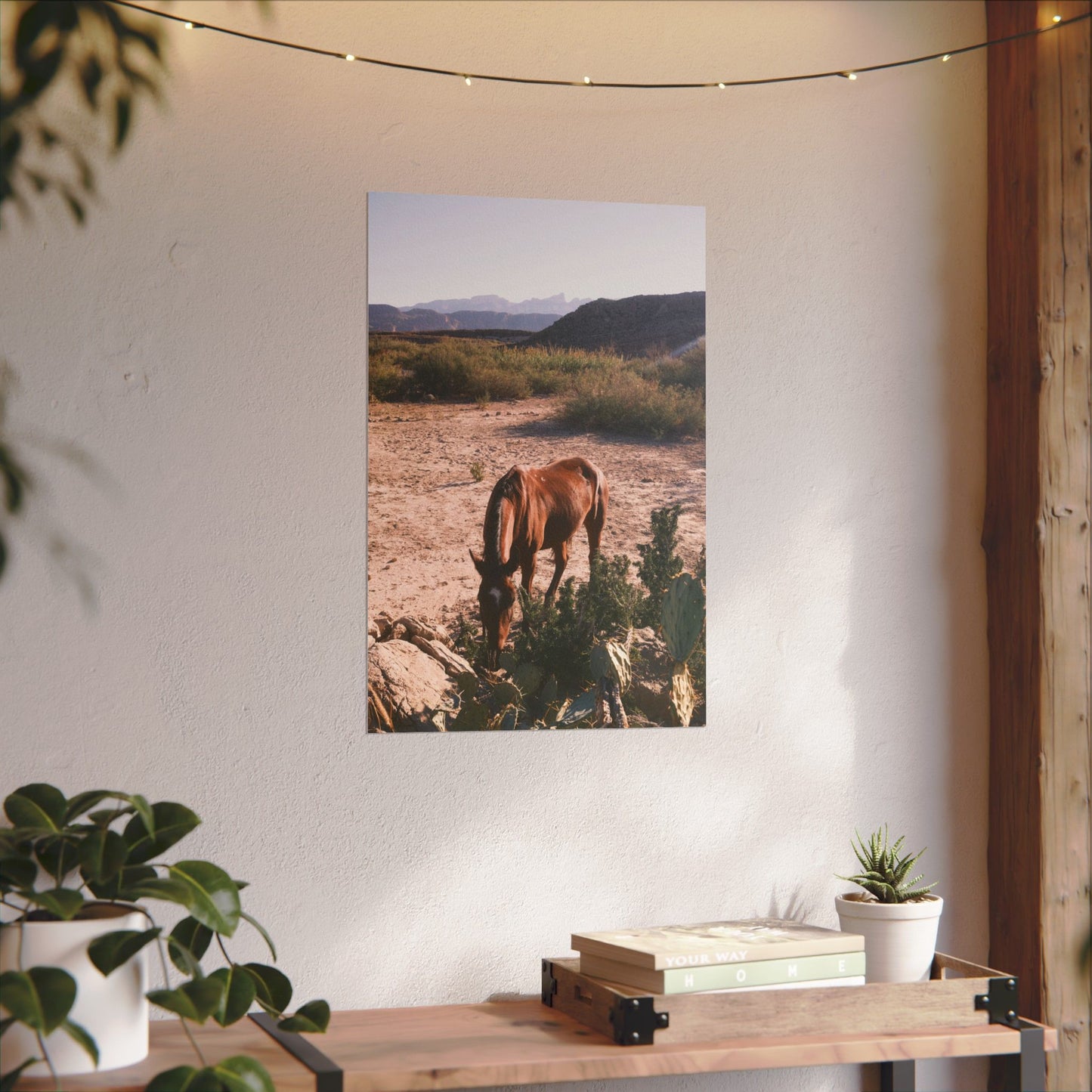 Wild horse of Big Bend grazes by a cactus, TX - Archival Poster