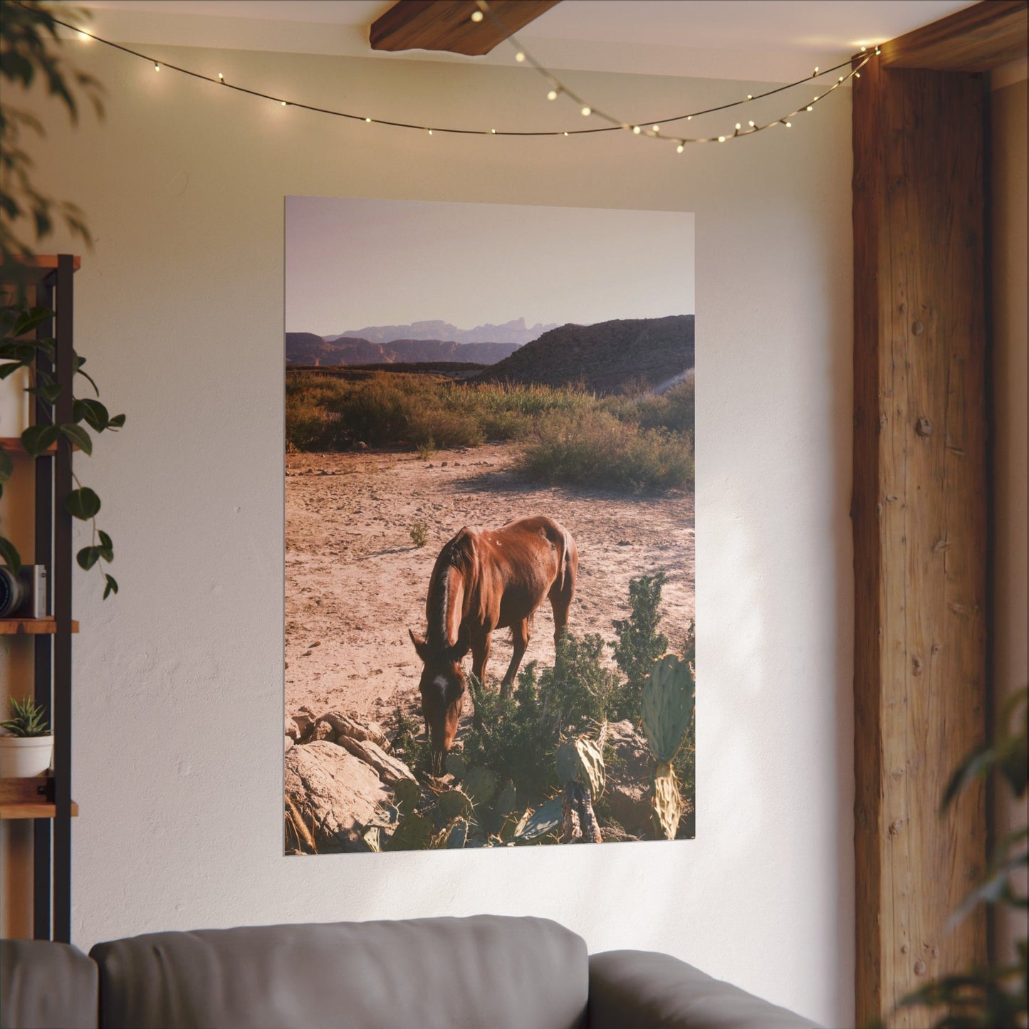 Wild horse of Big Bend grazes by a cactus, TX - Archival Poster