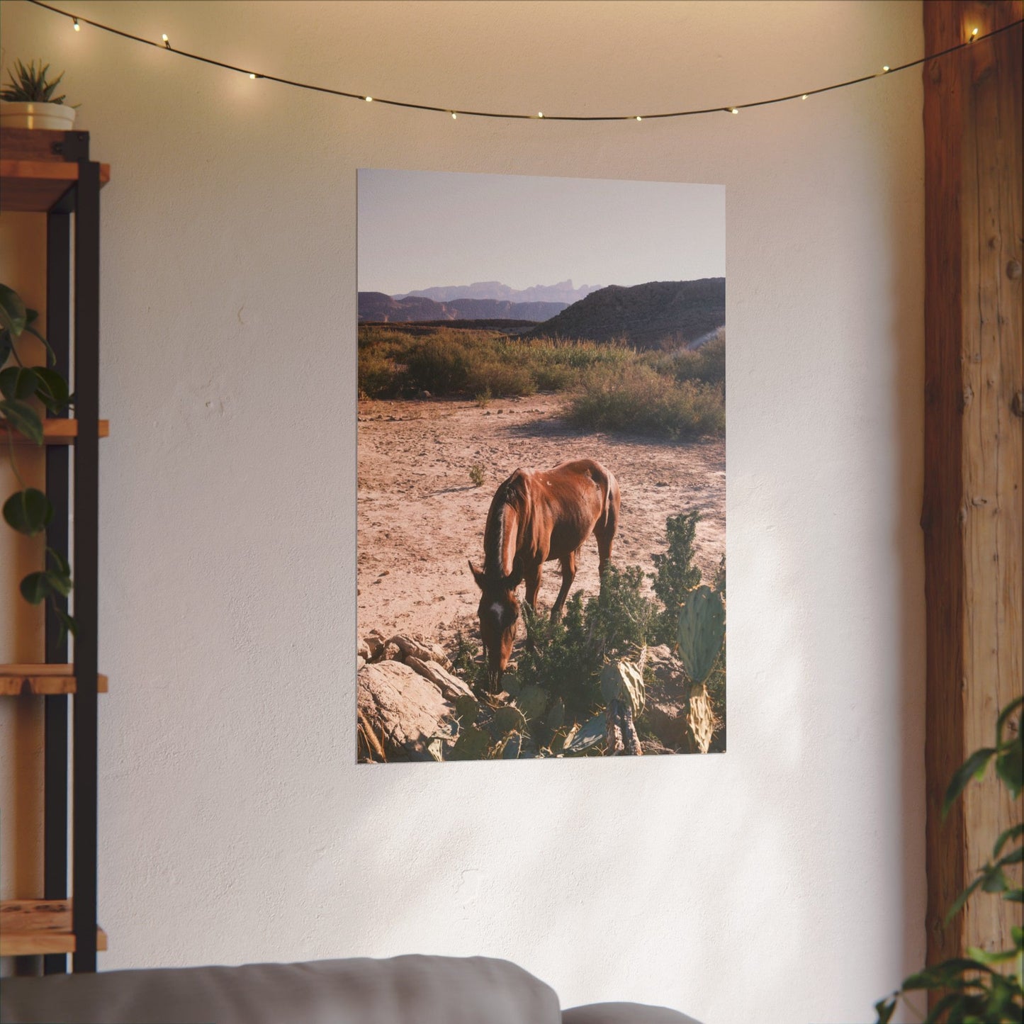 Wild horse of Big Bend grazes by a cactus, TX - Archival Poster