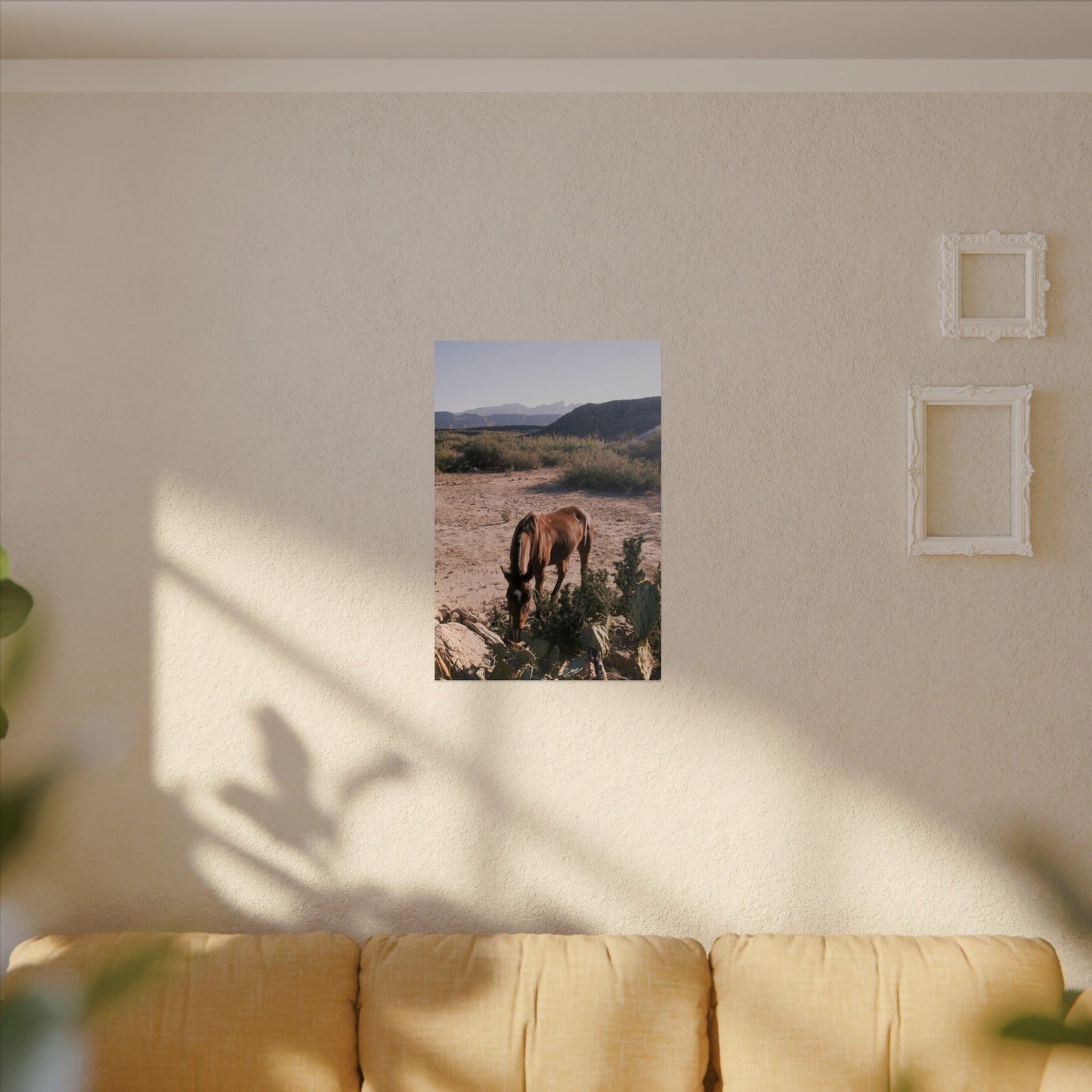 Wild horse of Big Bend grazes by a cactus, TX - Archival Poster
