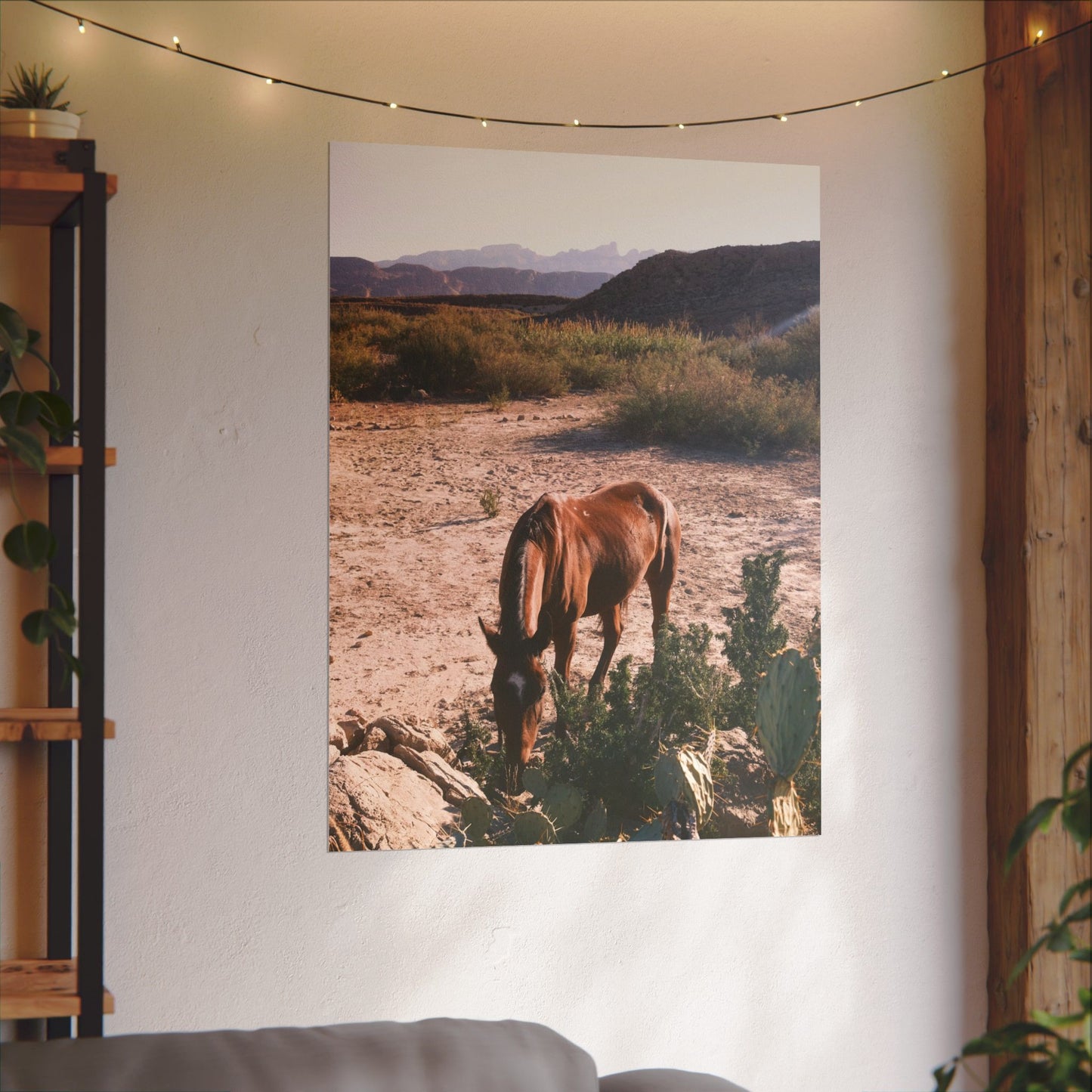 Wild horse of Big Bend grazes by a cactus, TX - Archival Poster